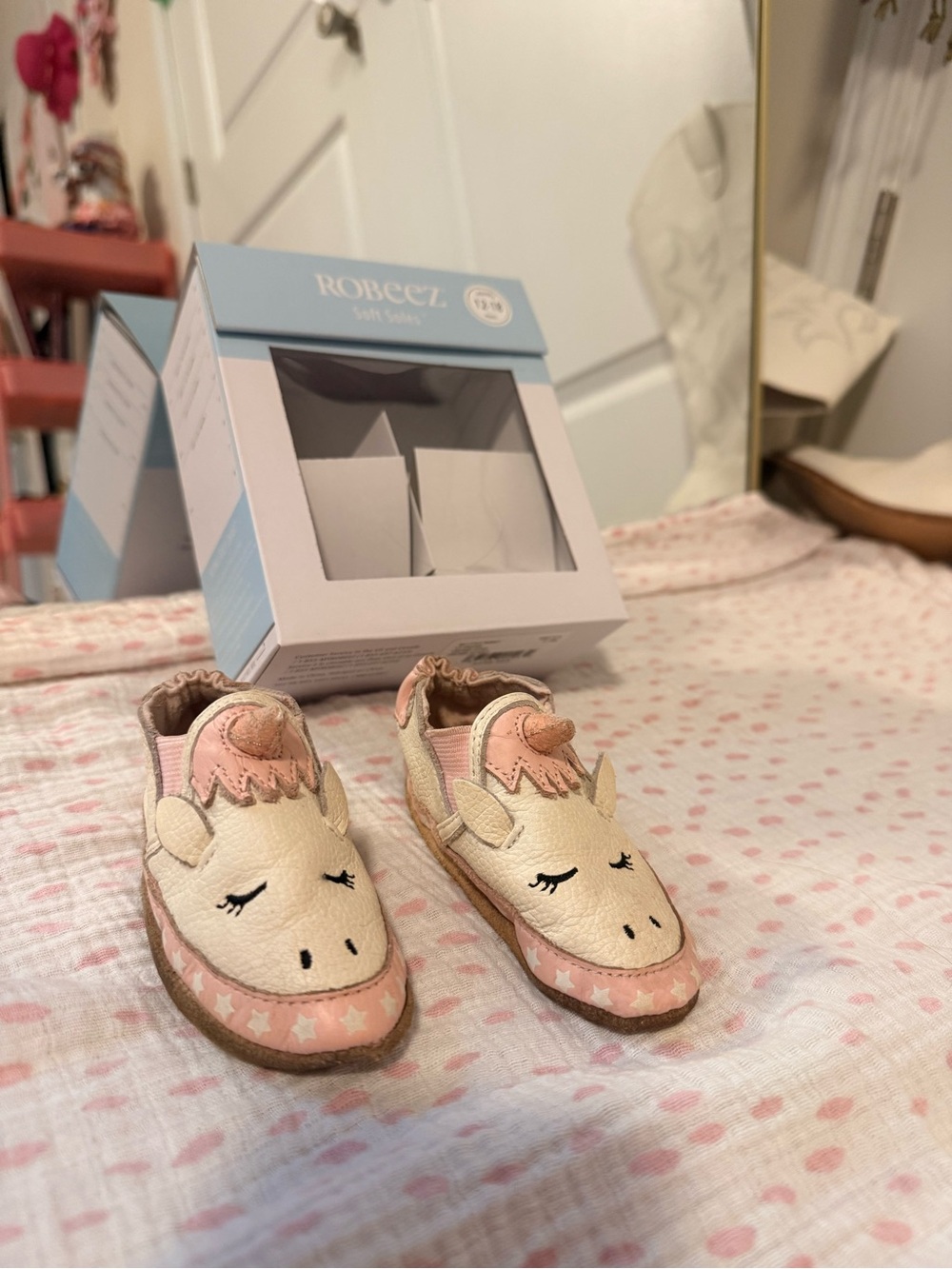 Robeez Cream and Pink Unicorn Slip-On Moccasins